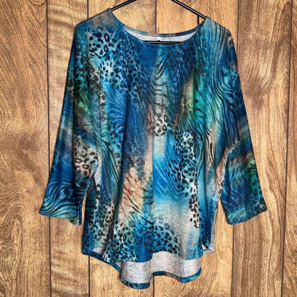 Leo & Nicole Women Blue Green Leopard Animal Print 3/4 Sleeve Knit Top Large Y2K
